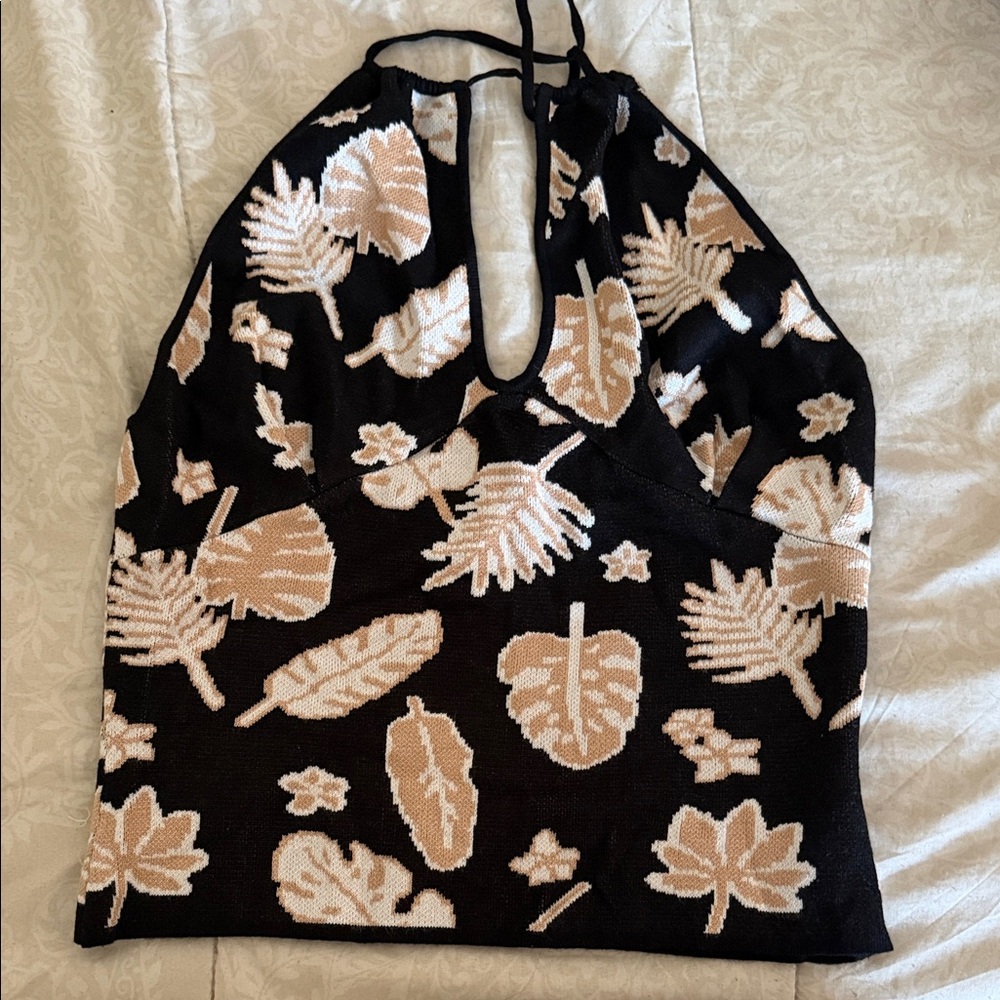 Black Halter Knit Top with Beige Leaf Print